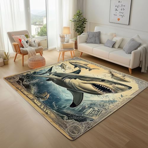 Dpvbffx Hai Teppich rutschfest Weich, Nautische Meerestier Teppich Wohnzimmer 80x150 cm, Antike Meereslebewesen Teppiche Kurzflor Waschbare fur Schlafzimmer Badezimmer Kinderzimmer Schmutzfangteppich von Dpvbffx
