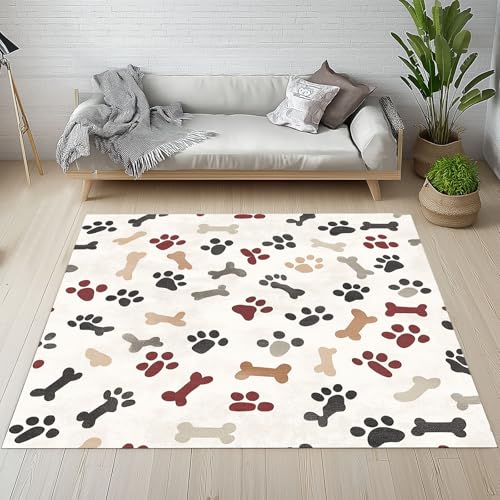 Dpvbffx Haustier Pfotenabdruck Teppich Wohnzimmer, Nette Hundepfote Kurzflor Teppich 160x200 cm, Karikatur Knochen Teppiche Antirutsch Weich Waschbare Teppiche Kinderzimmer Schlafzimmer Bettvorleger von Dpvbffx