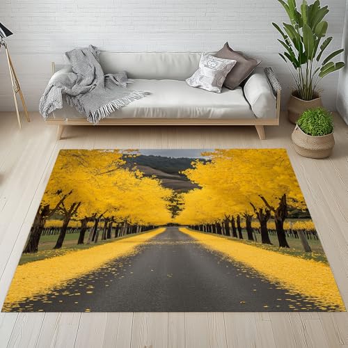 Dpvbffx Herbst Natur Landschaft Teppich Wohnzimmer, Gelbe Blätter Kurzflor Teppich 140x200 cm, Natural Scenery Teppiche Antirutsch Weich Waschbare Teppiche Kinderzimmer Schlafzimmer Bettvorleger von Dpvbffx