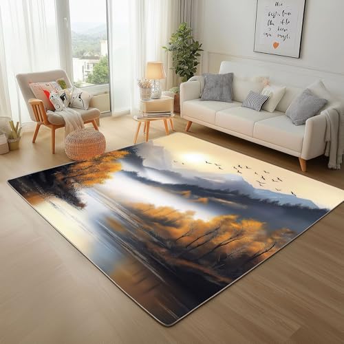 Dpvbffx Herbst Wald Berg Teppich Wohnzimmer, Natur Landschaft Kurzflor Teppich 140x200 cm, Sonnenaufgang See Scenery Teppiche Antirutsch Weich Waschbare Teppiche Kinderzimmer Schlafzimmer Bettvorleger Dpvbffx Herbst Wald Berg Teppich Wohnzimmer, Natur Landschaft Kurzflor Teppich 140x200 cm, Sonnenaufgang See Scenery Teppiche Antirutsch Weich Waschbare Teppiche Kinderzimmer Schlafzimmer Bettvorleger von Dpvbffx