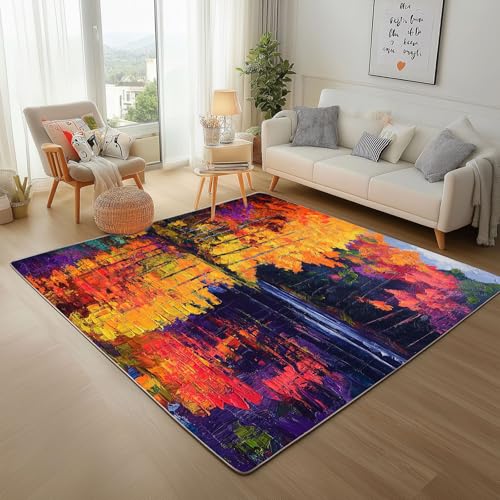 Dpvbffx Herbst Wald Teppich Wohnzimmer, Abstrakte Ölgemälde Kurzflor Teppich 140x200 cm, Natur Landschaft Teppiche Antirutsch Weich Waschbare Teppiche Kinderzimmer Schlafzimmer Bettvorleger von Dpvbffx