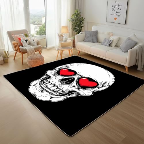 Dpvbffx Herz Schädel Teppich rutschfest Weich, Skull Knochen Teppich Wohnzimmer 80x150 cm, Lustige Totenkopf Teppiche Kurzflor Waschbare fur Schlafzimmer Badezimmer Kinderzimmer Schmutzfangteppich von Dpvbffx