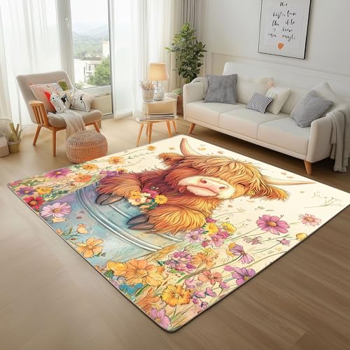 Dpvbffx Highland Kuh Teppich Groß 160x230 cm, Bauernhaus Blumen Cow Waschbare Teppiche Antirutsch, Niedlich Bauernhof Tier Teppich Weich Kurzflor Fur Wohnzimmer Schlafzimmer Kinderzimmer Bettvorleger von Dpvbffx