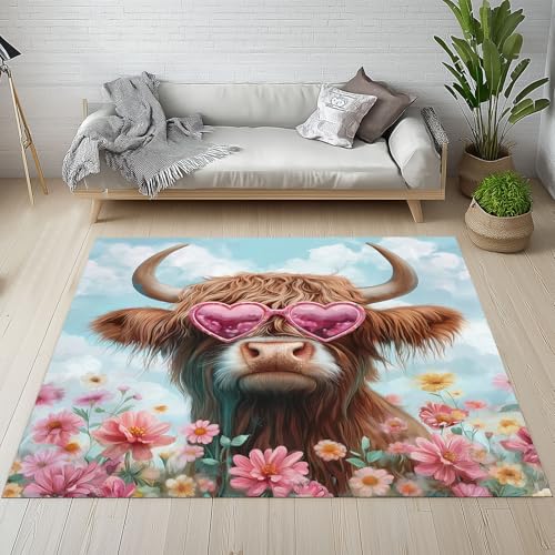 Dpvbffx Highland Kuh Teppich rutschfest Weich, Lustige Rinder Cow Teppich Wohnzimmer 100x150 cm, Bauernhof Tier Teppiche Kurzflor Waschbare fur Schlafzimmer Badezimmer Kinderzimmer Schmutzfangteppich von Dpvbffx