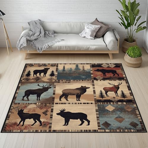 Dpvbffx Hirsch Bär Wolf Teppich Groß 200x290 cm, Rustikale Wildtier Silhouette Waschbare Teppiche Antirutsch, Western Bauernhaus Teppich Kurzflor Fur Wohnzimmer Schlafzimmer Kinderzimmer Bettvorleger von Dpvbffx