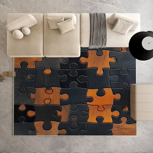 Dpvbffx Holzoptik Puzzle Muster Teppich Wohnzimmer, Teen Junge Modern Dekor Kurzflor Teppich 140x200 cm, Schwarz Orange Teppiche Antirutsch Waschbare Teppiche Kinderzimmer Schlafzimmer Bettvorleger von Dpvbffx