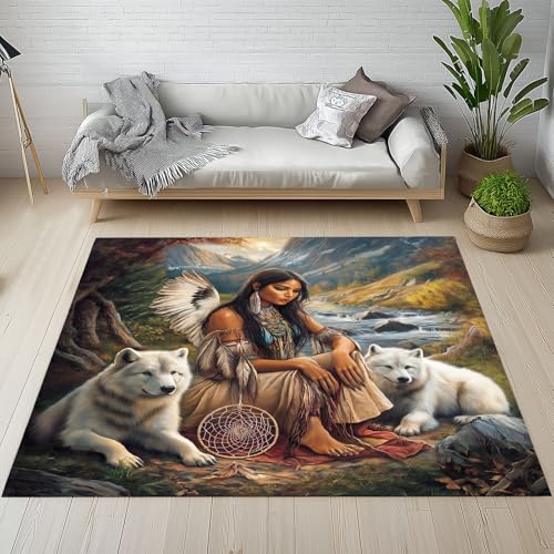 Dpvbffx Indisch Stamme Teppich rutschfest Weich, Indianer Frau Wolf Teppich Wohnzimmer 80x120 cm, Exotisch Tradition Ethnisch Teppiche Kurzflor Waschbare fur Schlafzimmer Badezimmer Kinderzimmer Dpvbffx Indisch Stamme Teppich rutschfest Weich, Indianer Frau Wolf Teppich Wohnzimmer 80x120 cm, Exotisch Tradition Ethnisch Teppiche Kurzflor Waschbare fur Schlafzimmer Badezimmer Kinderzimmer von Dpvbffx