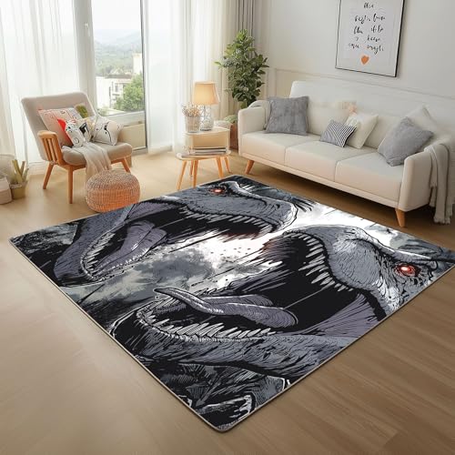 Dpvbffx Jurassic Dinosaurier Teppich Rutschfest, Primitive Waldtiere Teppich Wohnzimmer 80x120 cm, Raubtier Dino Teppiche Kurzflor Waschbare fur Schlafzimmer Badezimmer Kinderzimmer Schmutzfangteppich von Dpvbffx