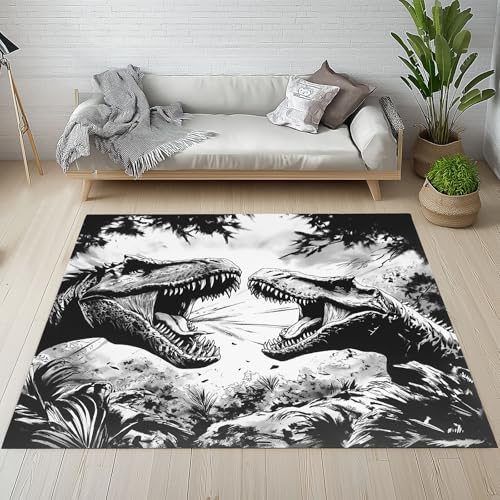 Dpvbffx Jurassic Dinosaurier Teppich rutschfest, Dschungel Dino Teppich Wohnzimmer 80x150 cm, Primitive Tiermotiv Teppiche Kurzflor fur Schlafzimmer Badezimmer Kinderzimmer Schmutzfangteppich von Dpvbffx