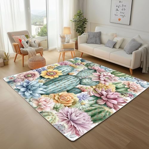 Dpvbffx Kaktus Blumen Teppich Wohnzimmer, Botanisch Succulent Kurzflor Teppich 140x200 cm, Wüstenpflanze Teppiche Antirutsch Weich Waschbare Teppiche Kinderzimmer Schlafzimmer Bettvorleger von Dpvbffx