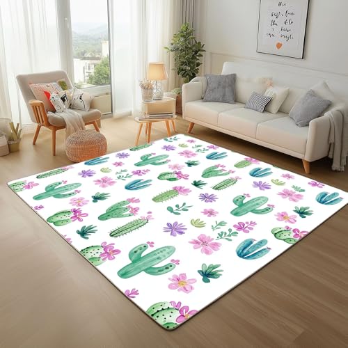 Dpvbffx Kaktus Teppich Wohnzimmer, Aquarell Succulent Blumen Kurzflor Teppich 140x200 cm, Pflanzenmuster Teppiche Antirutsch Weich Waschbare Teppiche Kinderzimmer Schlafzimmer Bettvorleger von Dpvbffx