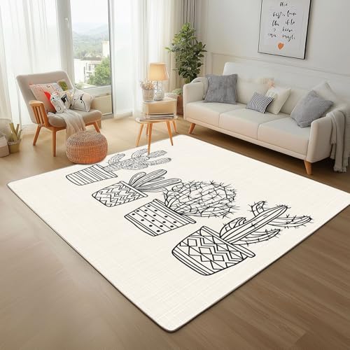 Dpvbffx Kaktus Teppich Wohnzimmer, Topfpflanze Succulent Kurzflor Teppich 140x200 cm, Illustration Handgezeichnet Teppiche Antirutsch Weich Waschbare Teppiche Kinderzimmer Schlafzimmer Bettvorleger von Dpvbffx
