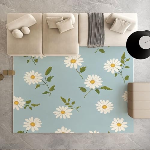 Dpvbffx Kamille Teppich Wohnzimmer, Landhausstil Gänseblümchen Kurzflor Teppich 120x170 cm, Botanisch Blumen Blätter Teppiche Antirutsch Weich Waschbare Teppiche Kinderzimmer Schlafzimmer Bettvorleger von Dpvbffx