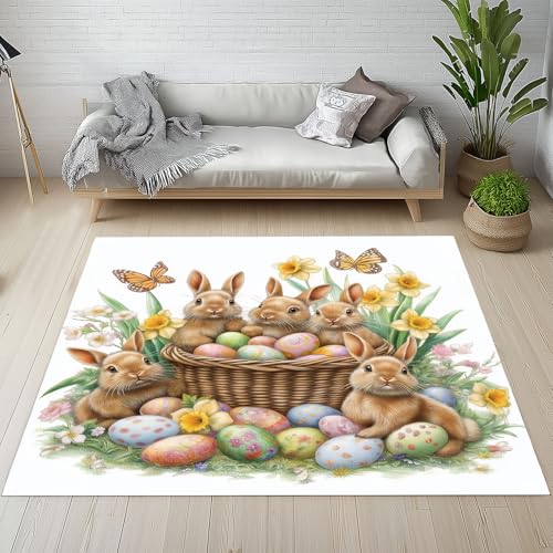 Dpvbffx Kaninchen Ostereier Fußmatte 40x60 cm, Süße Tier Blumen Teppich Klein rutschfest, Tiermotiv Teppich Kurzflor, Waschbarer Teppiche Gegend Schmutzfangmatte fur Innen Outdoor Eingang von Dpvbffx
