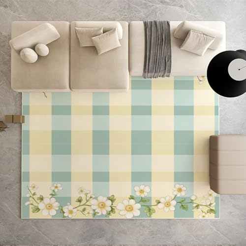Dpvbffx Kariert Karo-Muster Teppich Groß 200x290 cm, Landhausstil Büffelkaro Teppiche Antirutsch, Gingham Pflanzen Blumen Teppich Kurzflor Fur Wohnzimmer Schlafzimmer Kinderzimmer Bettvorleger von Dpvbffx