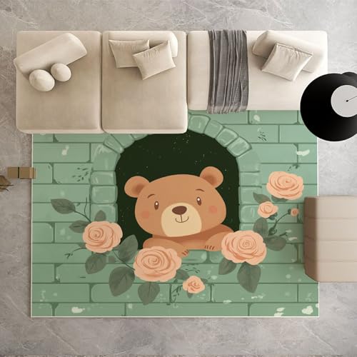 Dpvbffx Kawaii Puppe Bär Teppich Groß 200x290 cm, Wand Pflanzen Rose Blumen Waschbare Teppiche Antirutsch, Niedlich Karikatur Teppich Kurzflor Fur Wohnzimmer Schlafzimmer Kinderzimmer Bettvorleger von Dpvbffx