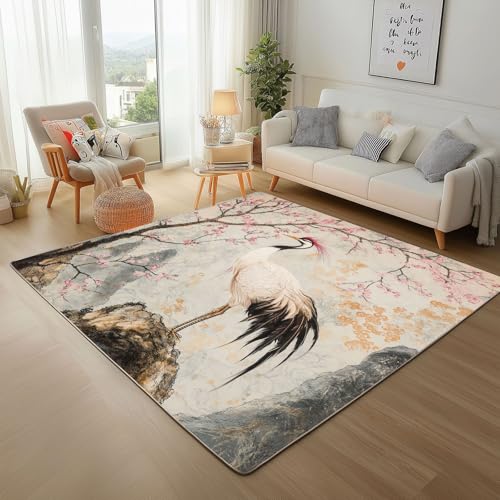 Dpvbffx Kirschblüten Kranich Fußmatte 50x80 cm, Asien Japanischer Stil Teppich Klein rutschfest, Tuschemalerei Teppich Kurzflor, Waschbarer Teppiche Gegend Schmutzfangmatte fur Innen Outdoor Eingang von Dpvbffx
