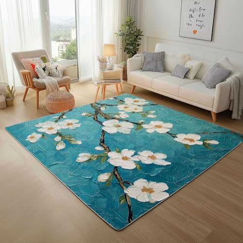 Dpvbffx Kirschblüten Teppich rutschfest, Ölgemälde Blumen Teppich Wohnzimmer 80x150 cm, Elegant Kunst Floral Teppiche Kurzflor Waschbare fur Schlafzimmer Badezimmer Kinderzimmer Schmutzfangteppich von Dpvbffx