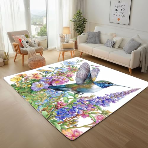 Dpvbffx Kolibri Teppich rutschfest Weich, Natur Vogel Blumen Teppich Wohnzimmer 80x120 cm, Frühling Bauernhaus Teppiche Kurzflor Waschbare fur Schlafzimmer Badezimmer Kinderzimmer Schmutzfangteppich von Dpvbffx