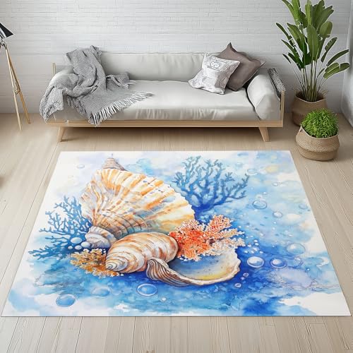 Dpvbffx Korallen Muschel Teppich rutschfest Weich, Aquarell Meeresmotiv Teppich Wohnzimmer 80x120 cm, Nautische Küste Teppiche Kurzflor Waschbare fur Schlafzimmer Badezimmer Kinderzimmer von Dpvbffx