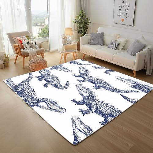 Dpvbffx Krokodil Fußmatte 60x90 cm, Blau Weiß Tiermotiv Teppich Klein rutschfest, Amphibien Wildtier Teppich Kurzflor, Waschbarer Teppiche Gegend Schmutzfangmatte fur Innen Outdoor Eingang von Dpvbffx