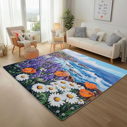 Dpvbffx Küste Blumen Teppich Wohnzimmer, Lavendel Mohn Gänseblümchen Kurzflor Teppich 160x200cm, Tropisch Insel Wildblumen Teppiche Antirutsch Waschbare Teppiche Kinderzimmer Schlafzimmer Bettvorleger Dpvbffx Küste Blumen Teppich Wohnzimmer, Lavendel Mohn Gänseblümchen Kurzflor Teppich 160x200cm, Tropisch Insel Wildblumen Teppiche Antirutsch Waschbare Teppiche Kinderzimmer Schlafzimmer Bettvorleger von Dpvbffx