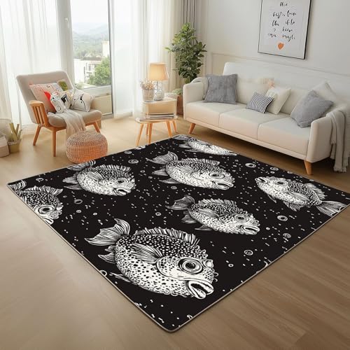 Dpvbffx Kugelfisch Teppich rutschfest Weich, Meer Marine Fisch Teppich Wohnzimmer 80x120 cm, Meereslebewesen Teppiche Kurzflor Waschbare fur Schlafzimmer Badezimmer Kinderzimmer Schmutzfangteppich von Dpvbffx