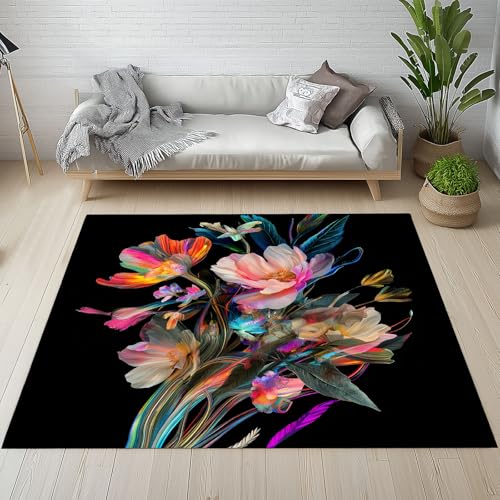 Dpvbffx Kunstwerk Blumen Teppich Groß 200x290 cm, Art Blumenstrauß Waschbare Teppiche Antirutsch, Abstrakte Modern Aesthetic Teppich Kurzflor Fur Wohnzimmer Schlafzimmer Kinderzimmer Bettvorleger von Dpvbffx