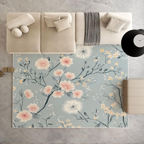 Dpvbffx Landhausstil Blumen Teppich Groß 160x230 cm, Pflanzenmuster Waschbare Teppiche Antirutsch, Löwenzahn Floral Botanisch Teppich Kurzflor Fur Wohnzimmer Schlafzimmer Kinderzimmer Bettvorleger von Dpvbffx
