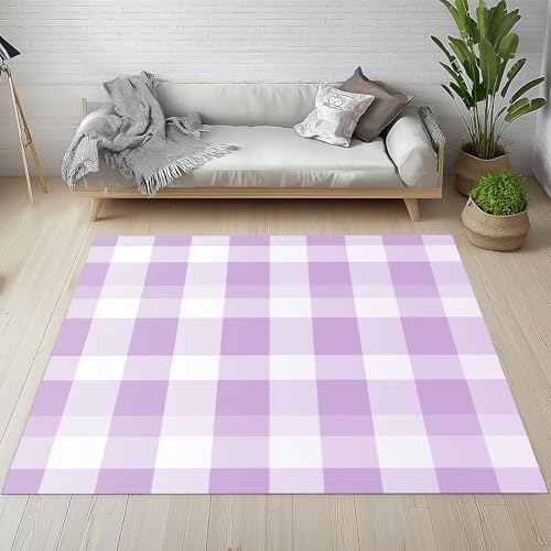 Dpvbffx Landhausstil Karomuster Teppich Wohnzimmer, Gingham Büffelkaro Kurzflor Teppich 140x200 cm, Lila Kariert Teppiche Antirutsch Weich Waschbare Teppiche Kinderzimmer Schlafzimmer Bettvorleger von Dpvbffx