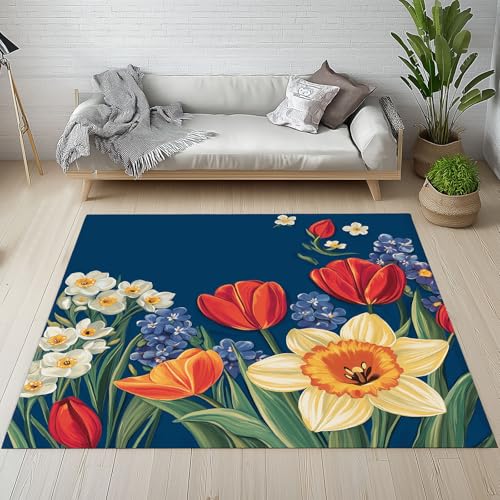Dpvbffx Landhausstil Pflanzen Teppich Groß 245x300 cm, Bunt Blumenmotiv Waschbare Teppiche Antirutsch, Botanisch Marineblau Teppich Weich Kurzflor Fur Wohnzimmer Schlafzimmer Kinderzimmer Bettvorleger von Dpvbffx