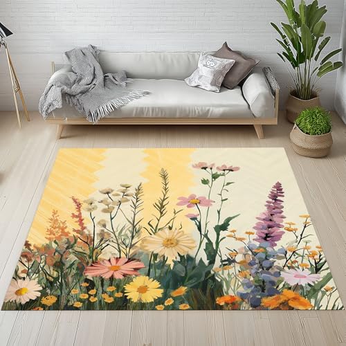 Dpvbffx Landhausstil Wildblumen Teppich Groß 200x290 cm, Aquarell Botanisch Waschbare Teppiche Antirutsch, Pflanzen Rustikale Teppich Kurzflor Fur Wohnzimmer Schlafzimmer Kinderzimmer Bettvorleger von Dpvbffx