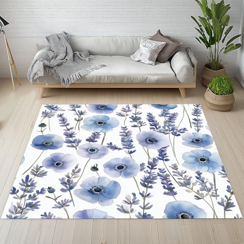 Dpvbffx Lavendel Mohn Teppich Wohnzimmer Schlafzimmer, Aquarell Blumen Kurzflor Teppich 160x200 cm, Floral Landhausstil Teppiche Antirutsch Weich Waschbare Teppiche Kinderzimmer Bettvorleger von Dpvbffx