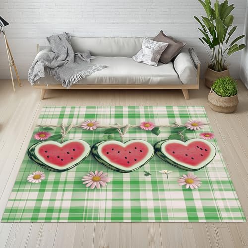 Dpvbffx Liebe Herz Wassermelone Teppich rutschfest Weich, Gänseblümchen Kariert Teppich Wohnzimmer 100x150 cm, Bauernhaus Landhausstil Teppiche Kurzflor fur Schlafzimmer Badezimmer Kinderzimmer von Dpvbffx