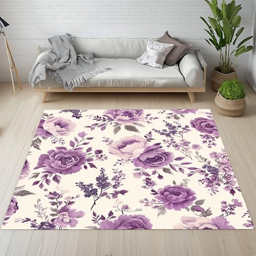 Dpvbffx Lila Blumenmotiv Teppich Groß 200x290 cm, Landhausstil Blumen Waschbare Teppiche Antirutsch, Vintage Romantisch Teppich Weich Kurzflor Fur Wohnzimmer Schlafzimmer Kinderzimmer Bettvorleger von Dpvbffx