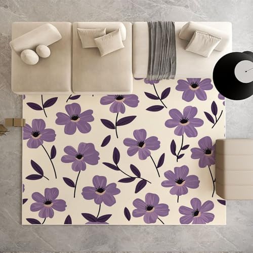 Dpvbffx Lila Blumenmotiv Teppich Groß 245x300 cm, Cottagecore Blumen Waschbare Teppiche Antirutsch, Bauernhaus Landhausstil Teppich Weich Kurzflor Fur Wohnzimmer Schlafzimmer Kinderzimmer Bettvorleger von Dpvbffx