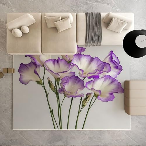 Dpvbffx Lila Eustoma Teppich Groß 160x230 cm, Floral Pflanzen Waschbare Teppiche Antirutsch, Modern Botanisch Teppich Weich Kurzflor Fur Wohnzimmer Schlafzimmer Kinderzimmer Bettvorleger von Dpvbffx