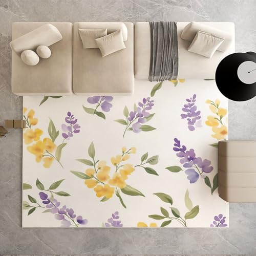 Dpvbffx Lila Lavendel Teppich Wohnzimmer, Aquarell Pflanzenmuster Kurzflor Teppich 140x200 cm, Landhausstil Blumen Teppiche Antirutsch Weich Waschbare Teppiche Kinderzimmer Schlafzimmer Bettvorleger von Dpvbffx
