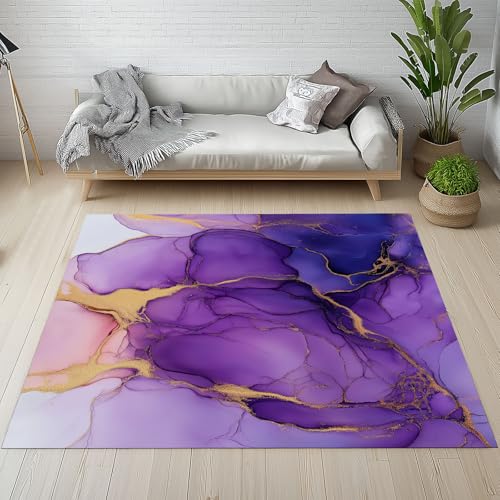 Dpvbffx Lila Marmor Optik Teppich Wohnzimmer, Kunst Modern Aquarell Kurzflor Teppich 140x200 cm, Luxus Abstrakte Teppiche Antirutsch Weich Waschbare Teppiche Kinderzimmer Schlafzimmer Bettvorleger von Dpvbffx