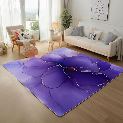 Dpvbffx Lila Marmor Optik Teppich rutschfest, Abstrakte Marmoriert Teppich Wohnzimmer 100x150 cm, Elegant Modisch Modern Teppiche Kurzflor fur Schlafzimmer Badezimmer Kinderzimmer Schmutzfangteppich von Dpvbffx