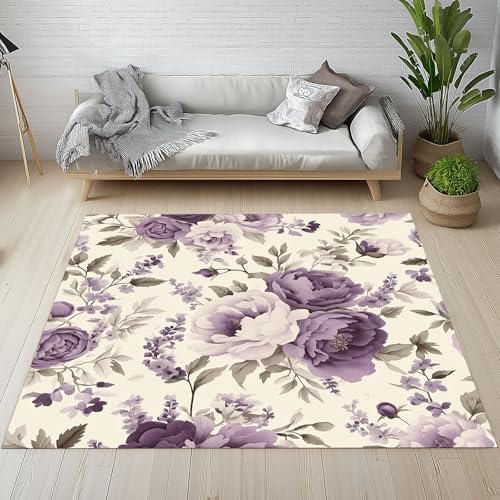 Dpvbffx Lila Pfingstrose Teppich Groß 200x290 cm, Landhausstil Pflanzen Blumen Waschbare Teppiche Antirutsch, Vintage Ländlich Teppich Kurzflor Fur Wohnzimmer Schlafzimmer Kinderzimmer Bettvorleger von Dpvbffx