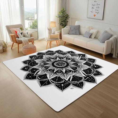 Dpvbffx Mandala Teppich rutschfest, Böhmen Blumen Medaillon Teppich Wohnzimmer 100x150 cm, Schwarz Weiß Floral Teppiche Kurzflor Waschbare fur Schlafzimmer Badezimmer Kinderzimmer Schmutzfangteppich Dpvbffx Mandala Teppich rutschfest, Böhmen Blumen Medaillon Teppich Wohnzimmer 100x150 cm, Schwarz Weiß Floral Teppiche Kurzflor Waschbare fur Schlafzimmer Badezimmer Kinderzimmer Schmutzfangteppich von Dpvbffx