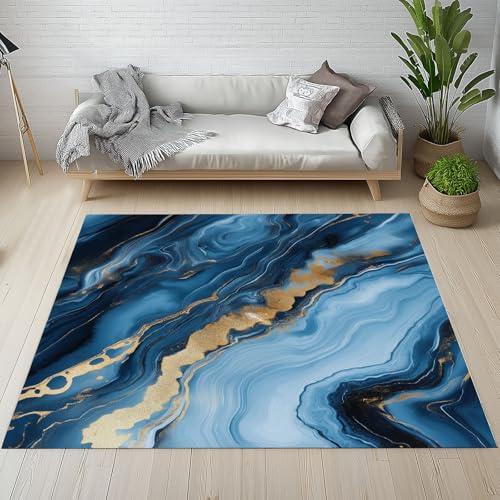 Dpvbffx Marmor Optik Teppich Wohnzimmer Schlafzimmer, Blau Marmor Muster Kurzflor Teppich 140x200 cm, Abstrakte Marmoriert Teppiche Antirutsch Weich Waschbare Teppiche Kinderzimmer Bettvorleger von Dpvbffx
