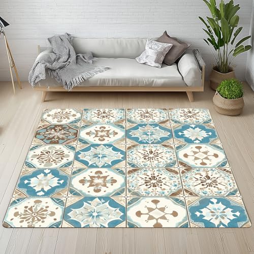 Dpvbffx Marokko Fliesen Teppich Wohnzimmer Schlafzimmer, Antike Exotisch Kurzflor Teppich 120x170 cm, Abstrakte Blumen Bohemian Teppiche Antirutsch Weich Waschbare Teppiche Kinderzimmer Bettvorleger von Dpvbffx