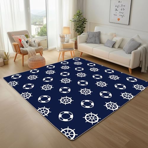 Dpvbffx Meer Nautische Teppich Groß 160x230 cm, Rettungsring Anker Ruder Waschbare Teppiche Antirutsch, Ozean Maritim Marineblau Teppich Kurzflor Fur Wohnzimmer Schlafzimmer Kinderzimmer Bettvorleger von Dpvbffx