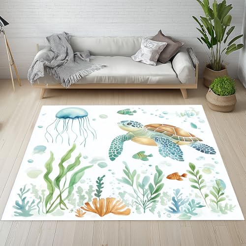 Dpvbffx Meeresschildkröte Fisch Fußmatte 60x90 cm, Meer Unterwasserwelt Teppich Klein rutschfest, Aquarell Meerestier Teppich Kurzflor, Teppiche Gegend Schmutzfangmatte fur Innen Outdoor Eingang von Dpvbffx