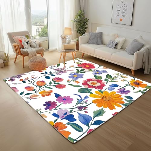 Dpvbffx Mehrfarbig Blumen Fußmatte 50x80 cm, Frühling Wildblumen Teppich Klein rutschfest, Pflanzen Floral Blätter Teppich Kurzflor, Teppiche Gegend Schmutzfangmatte fur Innen Outdoor Eingang von Dpvbffx