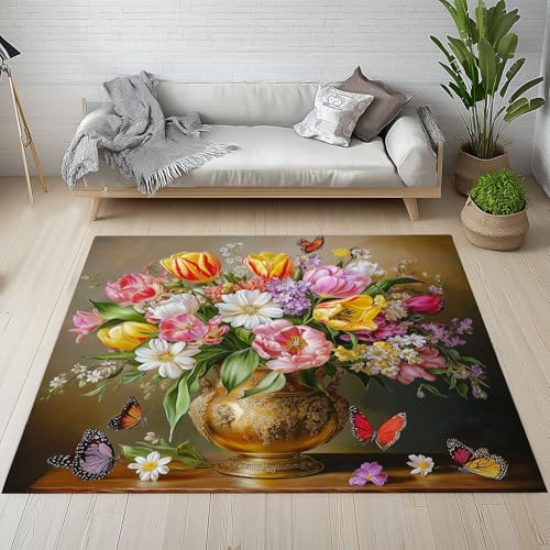 Dpvbffx Mehrfarbig Blumen Teppich Wohnzimmer Schlafzimmer, Schmetterling Floral Kurzflor Teppich 140x200 cm, Antike Vase Retro Teppiche Antirutsch Weich Waschbare Teppiche Kinderzimmer Bettvorleger von Dpvbffx