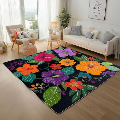 Dpvbffx Mehrfarbig Hibiskus Teppich rutschfest, Tropisch Blumen Teppich Wohnzimmer 100x150 cm, Pflanzen Floral Teppiche Kurzflor Waschbare fur Schlafzimmer Badezimmer Kinderzimmer Schmutzfangteppich von Dpvbffx