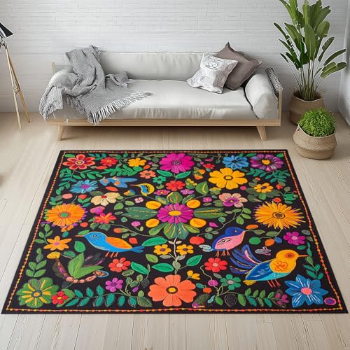 Dpvbffx Mexiko Volkskunst Fußmatte 60x90 cm, Böhmen Bunt Botanisch Teppich Klein rutschfest, Pflanzen Blumen Vogel Teppich Kurzflor, Teppiche Gegend Schmutzfangmatte fur Innen Outdoor Eingang von Dpvbffx